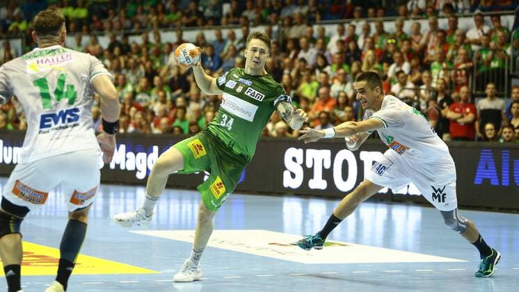 SC Magdeburg vs Frisch Auf Göppingen fl Michael Damgaard Magdeburg 34 Zarko Sesum Göppingen 15 Duel Kampf tackle SC Magdeburg vs Frisch Auf Göppingen Handball Ottostadt Magdeburg EHF Cup Finals 2018 Season 2017 2018 20 05 2018 Magdeburg Copyright: xTaegerx Eibner-Pressefotox EP_Taeger