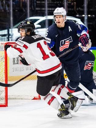 180520 Canadas Matt Barzal and the United States Connor Murphy during the Bronze Match in the Ice Hockey World Cup between USA and Canada on May 20, 2018 in Copenhagen  Copyright: PETTERxARVIDSON BB180520PA030