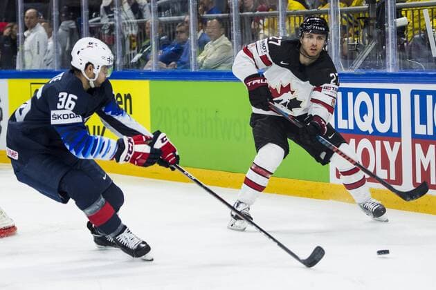 180520 Canadas Ryan Murray Guarded by US Colin White during the Bronze Match in the Ice Hockey World Cup between USA and Canada on May 20, 2018 in Copenhagen  Copyright: LUDVIGxTHUNMAN BB180520LT027