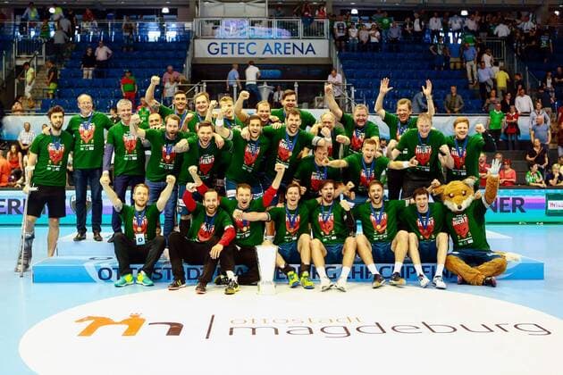 Saint Raphael Var vs Füchse Berlin Berlin players Jubilation on victory Jubilation after the game Cup handover Cup Presentation ceremony Final Saint Raphael Var vs Füchse Berlin Ottostadt Magdeburg EHF Cup Finals 2018 Season 2017 2018 20 05 2018 Magdeburg Copyright: xEibner-Pressefotox EP_taeger