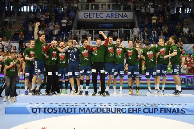 Handball Men EHF Cup Final Four Tournament in Magdeburg Season 2017 18 Final game Foxes Berlin Saint Raphael Var Handball cheering after the final whistle at the foxes Berlin 20 05 18 Copyright: xMichaelxHundtx xMatthiasxKochx