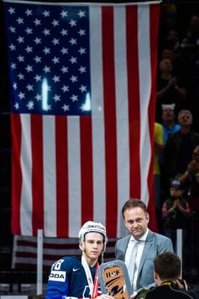 180520 USA Patrick Kane with the third place prize in the award ceremony after the bronze match in the ice hockey World Cup between USA and Canada on May 20, 2018 in Copenhagen  Copyright: LUDVIGxTHUNMAN BB180520LT052