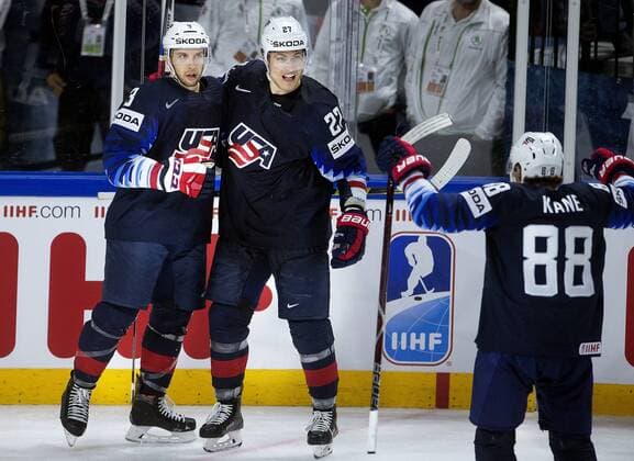 Nick Bonino with Anders Lee of USA after scoring during the IIHF World Championship WM Weltmeisterschaft bronze medal Ice hockey Eishockey match between Canada and USA in Royal Arena in Copenhagen, Denmark, Sunday, May 20, 2018.. , Copenhagen Denmark  Copyright: Scanpix LiselottexSabroex spdk20180520-190150-L