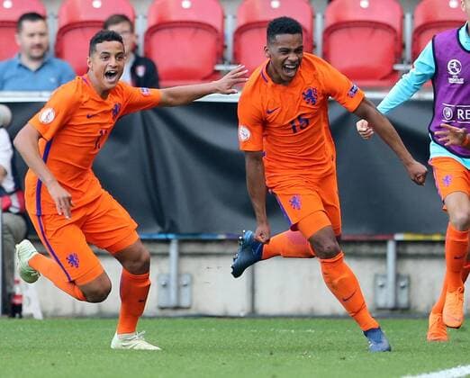 Italy v Netherlands UEFA EURO EM Europameisterschaft Fussball U17 U 17 Championship Final Jurrien Timber (r) of Netherlands celebrates scoring the opening goal during the UEFA Euro U17 Championship Final match at the New York Stadium, Rotherham Content Not Available For UK Newspapers Copyright: xSimonxMoorex FIL-11825-0007