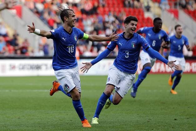 Italy v Netherlands UEFA EURO EM Europameisterschaft Fussball U17 U 17 Championship Final Alessio Riccardi (l) of Italy celebrates scoring to make it 2-1 during the UEFA Euro U17 Championship Final match at the New York Stadium, Rotherham Content Not Available For UK Newspapers Copyright: xSimonxMoorex FIL-11825-0012