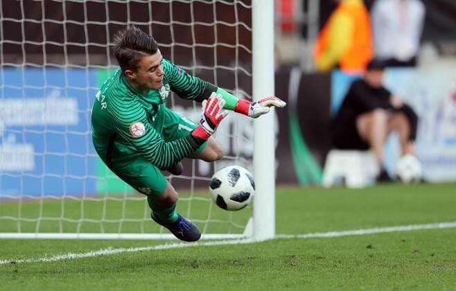 Italy v Netherlands UEFA EURO EM Europameisterschaft Fussball U17 U 17 Championship Final Joey Koorevaar of Netherlands saving the first penalty he faced during the UEFA Euro U17 Championship Final match at the New York Stadium, Rotherham Content Not Available For UK Newspapers Copyright: xSimonxMoorex FIL-11825-0022