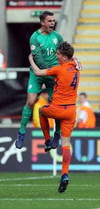 Italy v Netherlands UEFA EURO EM Europameisterschaft Fussball U17 U 17 Championship Final Joey Koorevaar (l) and Ramon Hendriks of Netherlands celebrates after the UEFA Euro U17 Championship Final match at the New York Stadium, Rotherham Content Not Available For UK Newspapers Copyright: xSimonxMoorex FIL-11825-0027