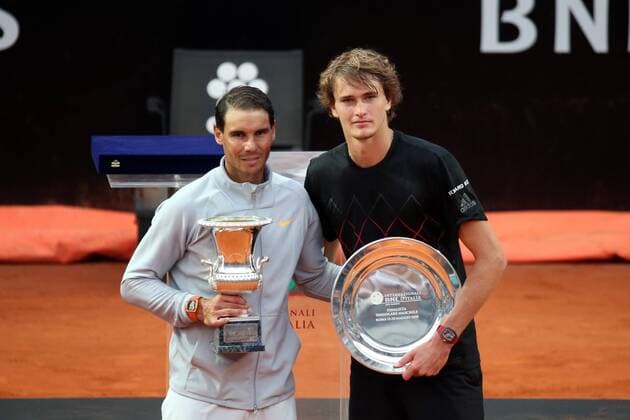 Rome: Italian Open Tennis Day 8 20th May 2018, Foro Italico, Rome, Italy; Italian Open Tennis, finals day; (L-R) Rafael Nadal (ESP) and Alexander Zverev (GER) pose with theit trophies after their final match Credit: Giampiero Sposito Pacific Press . Rome Rome Italy Foro Italico  GiampieroxSposito PacificxPress