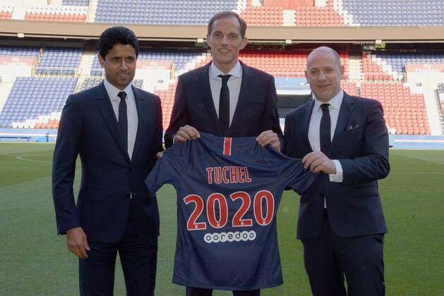 May 21, 2018 - Paris, France - New head coach of PSG Thomas Tuchel (M), PSG president Nasser Al Khelaifi (L) and Antero Henrique (R) seen during the press conference PK Pressekonferenz of Paris Saint Germain at the Parc des Princes. New head coach of PSG Thomas Tuchel during press conference in Paris, France - 20 May 2018 - ZUMAs197 83283417st Copyright: xNicolasxBriquetx