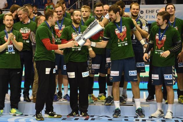 Handball Mens EHF Cup Final Four Tournament in Magdeburg Season 2017 18 Final Game Foxes Berlin Saint Raphael Var Handball Jubilee after the Cup victory TW Petr Stochl No. 71 Füchse Berlin TW Silvio Heinevetter No. 12 Füchse Berlin Jakov Gojun No. 10 Füchse Berlin and Fabian Wiede No. 3 Füchse Berlin are happy about the success 20 05 18 Copyright: xMichaelxHundtx xMatthiasxKochx