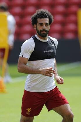 21st May 2018, Anfield, Liverpool, England; Liverpool open media day ahead of Champions League Final; Mohamed Salah of Liverpool during today s open training session at Anfield ahead of this week s Champions League final in Kiev against Real Madrid  ActionPlus12028021 AlanxMartin