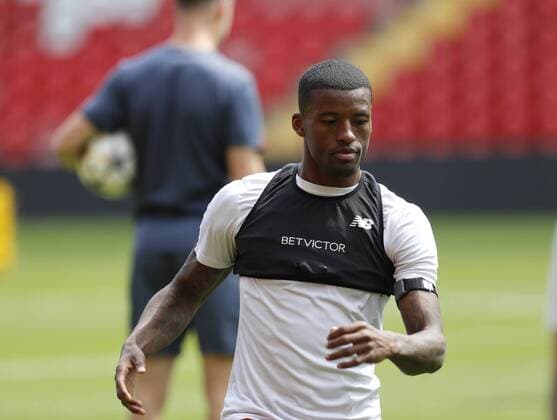 21st May 2018, Anfield, Liverpool, England; Liverpool open media day ahead of Champions League Final; Georginio Wijnaldum of Liverpool during today s open training session at Anfield ahead of this week s Champions League final in Kiev against Real Madrid  ActionPlus12028034 AlanxMartin