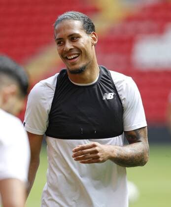 21st May 2018, Anfield, Liverpool, England; Liverpool open media day ahead of Champions League Final; Virgil van Dijk of Liverpool during today s open training session at Anfield ahead of this week s Champions League final in Kiev against Real Madrid  ActionPlus12028035 AlanxMartin