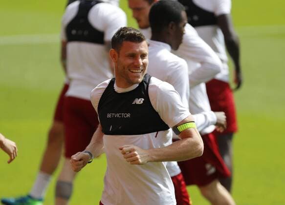 21st May 2018, Anfield, Liverpool, England; Liverpool open media day ahead of Champions League Final; James Milner of Liverpool during today s open training session at Anfield ahead of this week s Champions League final in Kiev against Real Madrid  ActionPlus12028039 AlanxMartin