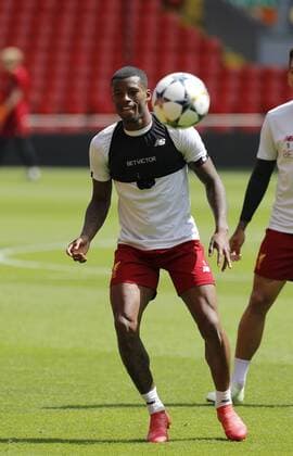 21st May 2018, Anfield, Liverpool, England; Liverpool open media day ahead of Champions League Final; Georginio Wijnaldum of Liverpool during today s open training session at Anfield ahead of this week s Champions League final in Kiev against Real Madrid  ActionPlus12028040 AlanxMartin