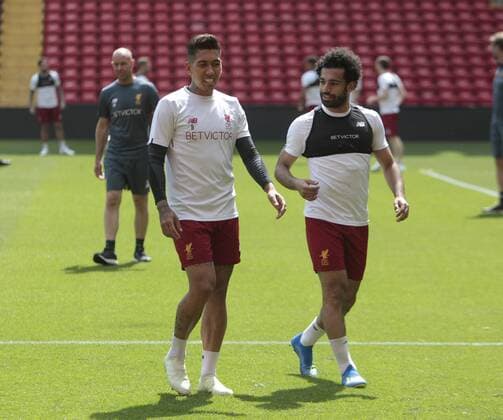 21st May 2018, Anfield, Liverpool, England; Liverpool open media day ahead of Champions League Final; Roberto Firmino and Mohamed Salah of Liverpool during today s open training session at Anfield ahead of this week s Champions League final in Kiev against Real Madrid  ActionPlus12028051 AlanxMartin