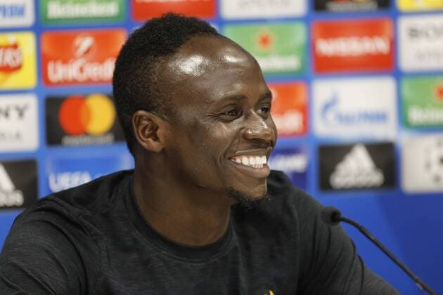 21st May 2018, Anfield, Liverpool, England; Liverpool open media day ahead of Champions League Final; Liverpool striker Sadio Mane speaking to the media at Anfield during today s press conference PK Pressekonferenz ahead of this week s Champions League final in Kiev against Real Madrid  ActionPlus12028063 AlanxMartin