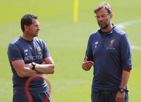 21st May 2018, Anfield, Liverpool, England; Liverpool open media day ahead of Champions League Final; Liverpool manager Jurgen Klopp with goalkeeping coach John Achterberg during today s open training session at Anfield ahead of this week s Champions League final in Kiev against Real Madrid  ActionPlus12028076 AlanxMartin