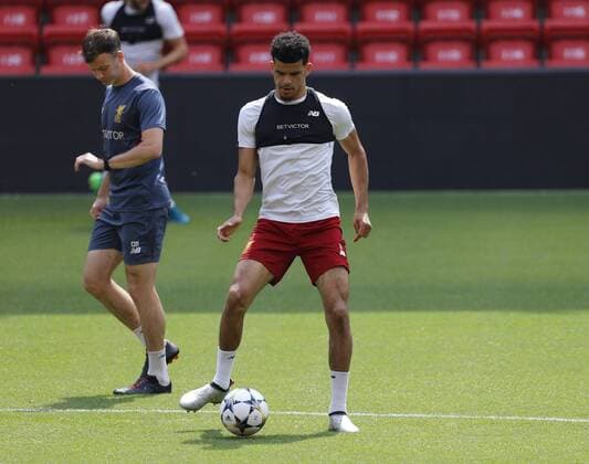 21st May 2018, Anfield, Liverpool, England; Liverpool open media day ahead of Champions League Final; Dominic Solanke of Liverpool during today s open training session at Anfield ahead of this week s Champions League final in Kiev against Real Madrid  ActionPlus12028080 AlanxMartin