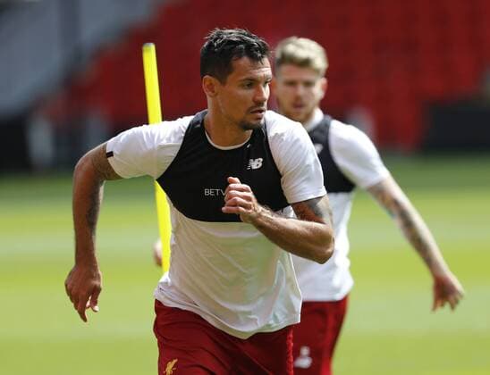 21st May 2018, Anfield, Liverpool, England; Liverpool open media day ahead of Champions League Final; Dejan Lovren of Liverpool during today s open training session at Anfield ahead of this week s Champions League final in Kiev against Real Madrid  ActionPlus12028091 AlanxMartin