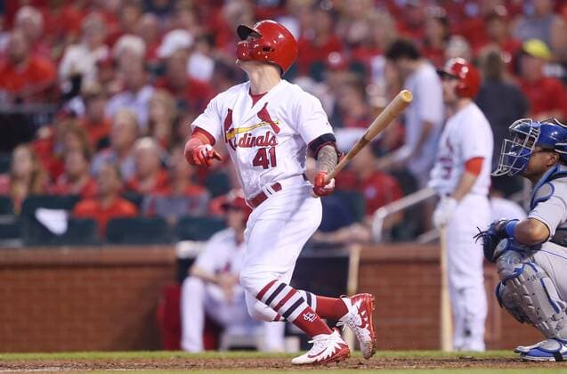 St. Louis Cardinals Tyler O Neill swings, hitting a three run home run in the third inning against the Kansas City Royals at Busch Stadium in St. Louis on May 21, 2018.  SLP2018052110 BILLxGREENBLATT