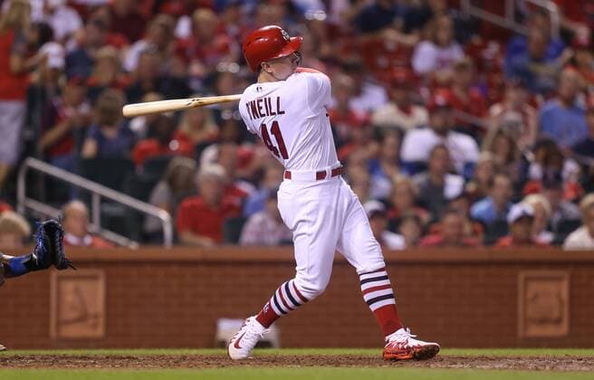St. Louis Cardinals Tyler O Neill hits a RBI double in the fifth inning against the Kansas City Royals at Busch Stadium in St. Louis on May 21, 2018.  SLP2018052117 BILLxGREENBLATT