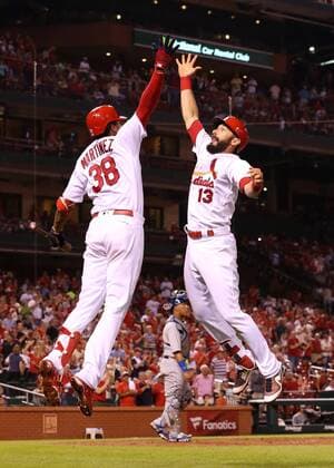 May 21, 2018 - St Louis, MO, USA - St. Louis Cardinals Matt Carpenter, right, is congratulated by on deck hitter Jose Martinez after he hit a solo home run in the seventh inning during a game between the St. Louis Cardinals and the Kansas City Royals at Busch Stadium on Monday, May 21, 2018, in St. Louis, Mo. Cardinals beat Royals 6-0 - ZUMAm67_ 20180521_zaf_m67_004 Copyright: xChrisxLeex