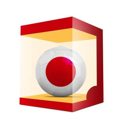 WM 2018, Grafik mit Landesfarben-Fußball der Teilnehmer Soccer balls with team flag from Japan in transparent box on white background BOMBAERTxPatrick  xBELGAIMAGE-136195000x