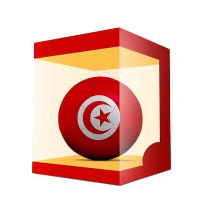 WM 2018, Grafik mit Landesfarben-Fußball der Teilnehmer Soccer balls with team flag from Tunisia in transparent box on white background BOMBAERTxPatrick  xBELGAIMAGE-136195009x