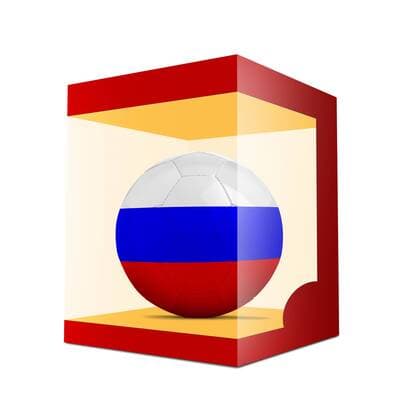 WM 2018, Grafik mit Landesfarben-Fußball der Teilnehmer Soccer balls with team flag from Russia in transparent box on white background BOMBAERTxPatrick  xBELGAIMAGE-136195012x