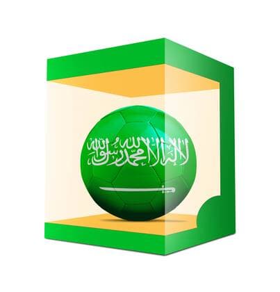 WM 2018, Grafik mit Landesfarben-Fußball der Teilnehmer Soccer balls with team flag from Saudi Arabia in transparent box on white background BOMBAERTxPatrick  xBELGAIMAGE-136195013x