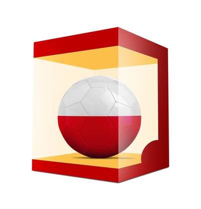 WM 2018, Grafik mit Landesfarben-Fußball der Teilnehmer Soccer balls with team flag from Poland in transparent box on white background BOMBAERTxPatrick  xBELGAIMAGE-136195014x
