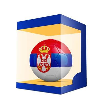 WM 2018, Grafik mit Landesfarben-Fußball der Teilnehmer Soccer balls with team flag from Serbia in transparent box on white background BOMBAERTxPatrick  xBELGAIMAGE-136195015x