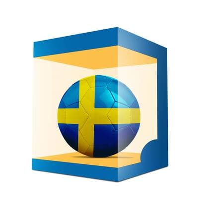 WM 2018, Grafik mit Landesfarben-Fußball der Teilnehmer Soccer balls with team flag from Sweden in transparent box on white background BOMBAERTxPatrick  xBELGAIMAGE-136195016x