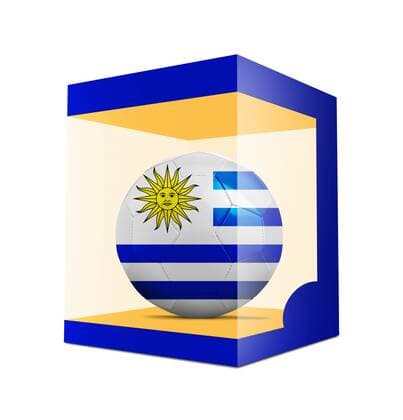 WM 2018, Grafik mit Landesfarben-Fußball der Teilnehmer Soccer balls with team flag from Uruguay in transparent box on white background BOMBAERTxPatrick  xBELGAIMAGE-136195018x