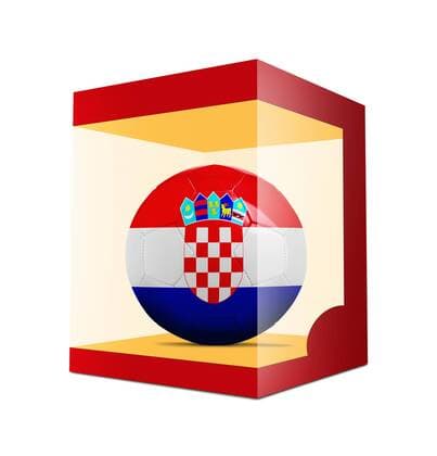 WM 2018, Grafik mit Landesfarben-Fußball der Teilnehmer Soccer balls with team flag from Croatia in transparent box on white background BOMBAERTxPatrick  xBELGAIMAGE-136195022x