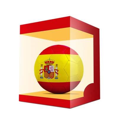 WM 2018, Grafik mit Landesfarben-Fußball der Teilnehmer Soccer balls with team flag from Spain in transparent box on white background BOMBAERTxPatrick  xBELGAIMAGE-136195023x