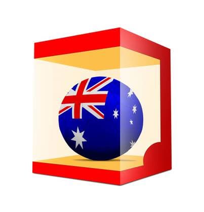 WM 2018, Grafik mit Landesfarben-Fußball der Teilnehmer Soccer balls with team flag from Australia in transparent box on gray gradient background BOMBAERTxPatrick  xBELGAIMAGE-136195035x