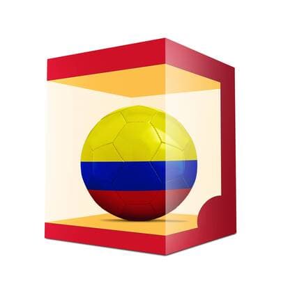 WM 2018, Grafik mit Landesfarben-Fußball der Teilnehmer Soccer balls with team flag from Colombia in transparent box on white background BOMBAERTxPatrick  xBELGAIMAGE-136195037x