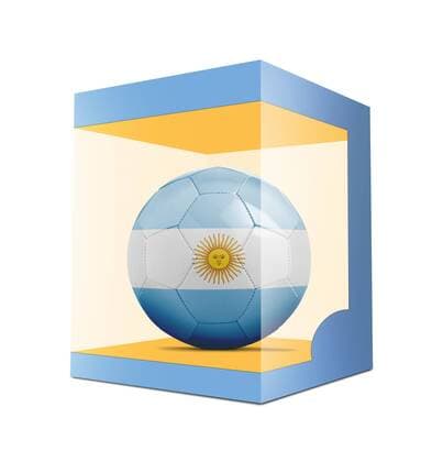 WM 2018, Grafik mit Landesfarben-Fußball der Teilnehmer Soccer balls with team flag from Argentina in transparent box on gray gradient background BOMBAERTxPatrick  xBELGAIMAGE-136195041x