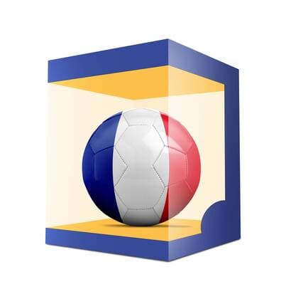 WM 2018, Grafik mit Landesfarben-Fußball der Teilnehmer Soccer balls with team flag from France in transparent box on white background BOMBAERTxPatrick  xBELGAIMAGE-136195043x