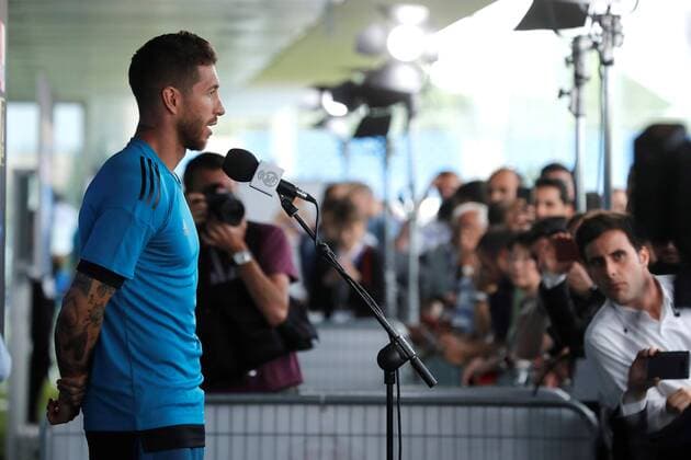 Real Madrid s Spanish defender Sergio Ramos addresses the media following a training session on the Open Media Day ahead of the UEFA Champions League final, in Madrid, Spain, 22 May 2018. UEFA Champions League final between Real Madrid and Liverpool will be held at the NSC Olimpiyskiy Stadium in Kiev on 26 May 2018. Real Madrid Open Media Day !ACHTUNG: NUR REDAKTIONELLE NUTZUNG!  Copyright: xJuanxCarlosxHidalgox GRAF3057 20180522-636625991878846214