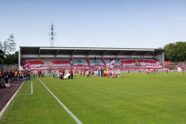 Football Niederrheinpokal Final SC Rot Weiss Oberhausen Red Weiss Essen 21.05.2018 Niederrhein stadium in Oberhausen Choreography of the fans of Rot Weiss Oberhausen
