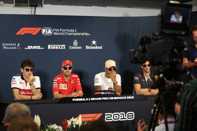 23rd May 2018, Circuit de Monaco, Monaco, Monte Carlo; Monaco Formula 1 Grand Prix, Wednesday press conference PK Pressekonferenz Alfa Romeo Sauber F1 Team, Charles Leclerc, Scuderia Ferrari, Sebastian Vettel, Mercedes AMG Petronas Motorsport, Lewis Hamilton and Haas F1 Team, Romain Grosjean ActionPlus12028251 Octane