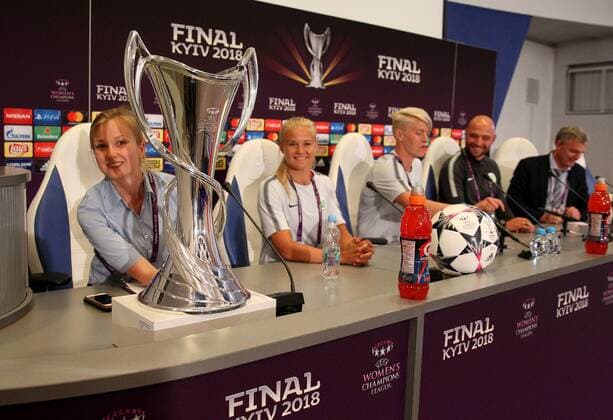 Lyon vs Wolfsburg Final CL Womens preliminary reports Kiev Ukraine 23 05 2018 FOOTBALL Olympique Lyon vs VfL Wolfsburg Final UEFA Womens Champions League season 2017 18 CL POkal women Pernille Harder VfL Wolfsburg Nilla Fischer VfL Wolfsburg head coach Stephan Lerch VfL Wolfsburg during the press conference Kiev