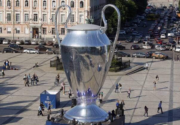 May 23, 2018 - Kiev, Ukraine - A giant replica of the UEFA Champions League trophy is seen near St. Sophia Cathedral in center of Kiev, Ukraine, on 23 May 2018. Real Madrid will face Liverpool FC in the UEFA Champions League final at the NSC Olimpiyskiy stadium in Kiev on 26 May 2018. UKRAINE UEFA CHAMPIONS LEAGUE FINAL 2018 - ZUMAg194 20180523_zap_g194_014 Copyright: xSergxGlovnyx