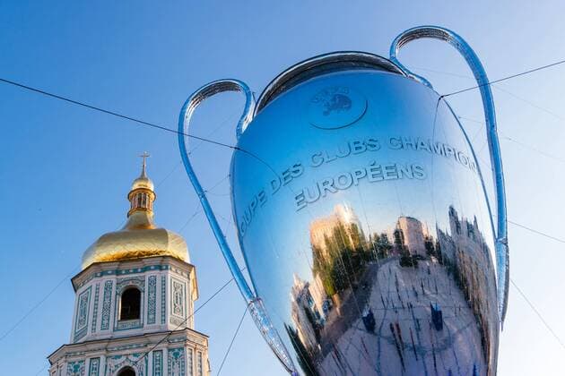 SOCCER - UEFA Men & Women CL KIEV,UKRAINE,23.MAY.18 - SOCCER - UEFA Men & Women Championships League, final, preview. Image shows a big trophy and Bell tower of Saint Sophia s Cathedral. GEPAxpictures xMaticxKlansek