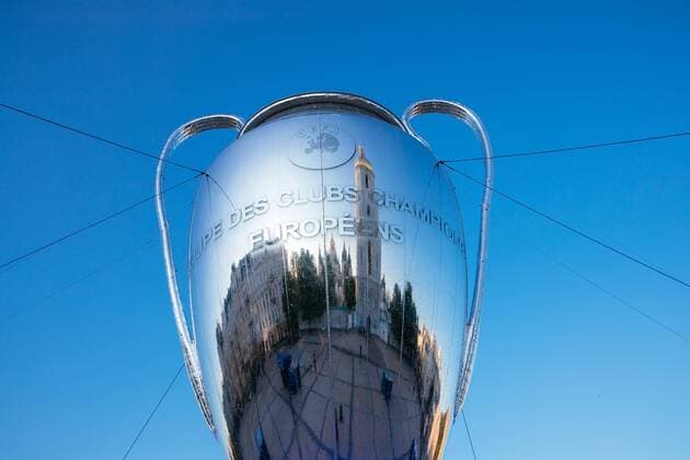 SOCCER - UEFA Men & Women CL KIEV,UKRAINE,23.MAY.18 - SOCCER - UEFA Men & Women Championships League, final, preview. Image shows a big trophy with reflection of Bell tower of Saint Sophia s Cathedral. GEPAxpictures xMaticxKlansek