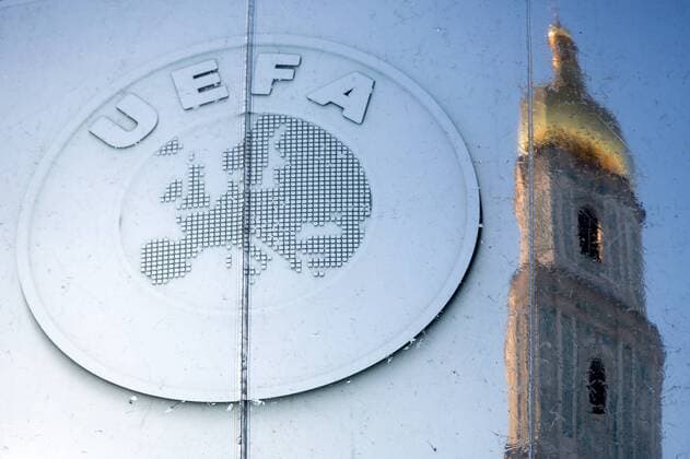 SOCCER - UEFA Men & Women CL KIEV,UKRAINE,23.MAY.18 - SOCCER - UEFA Men Women Champions League, final, preview. Image shows a logo on big trophy with reflection of Bell tower of Saint Sophia s Cathedral. GEPAxpictures xMaticxKlansek