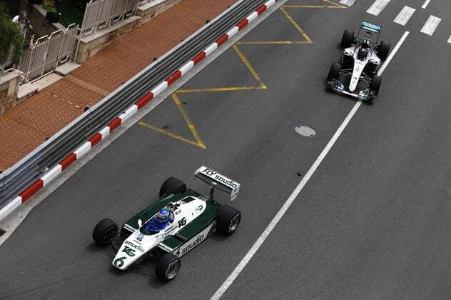 Motorsports: FIA Formula One World Championship WM Weltmeisterschaft 2018, Grand Prix of Monaco, Keke Rosberg (SWE) driving the 1982 Williams FW08 and his son Nico Rosberg (GER) driving the 2016 Mercedes F1 W07 Monte Carlo Monaco